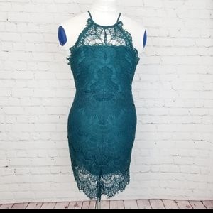 Free People|Lace Halter Mini Dress in Green Lace